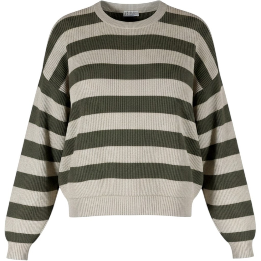 Brunello Cucinelli Cotton Ribbed Sweater XS Green Stripe Monili Bead Neck Luxury